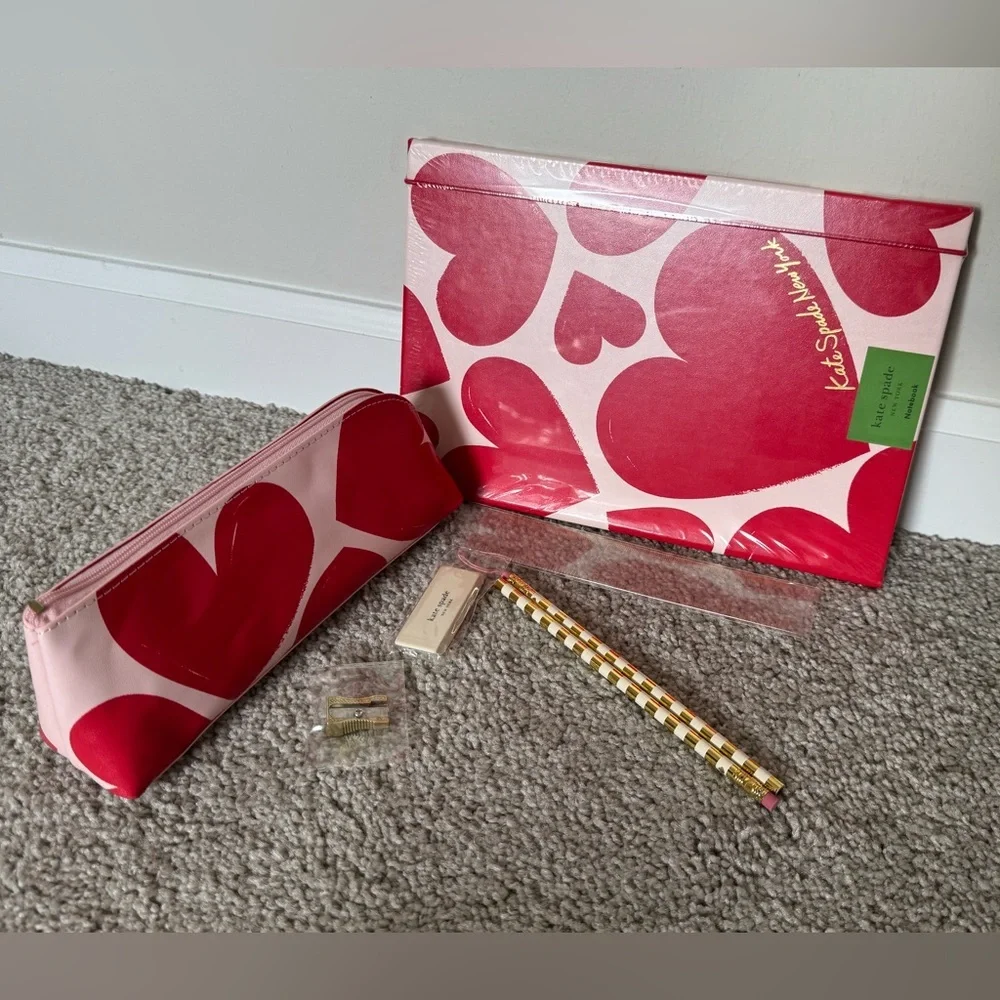 Kate Spade Sweet Hearts Take Note Notebook w Pencil Holder and Office Supplies